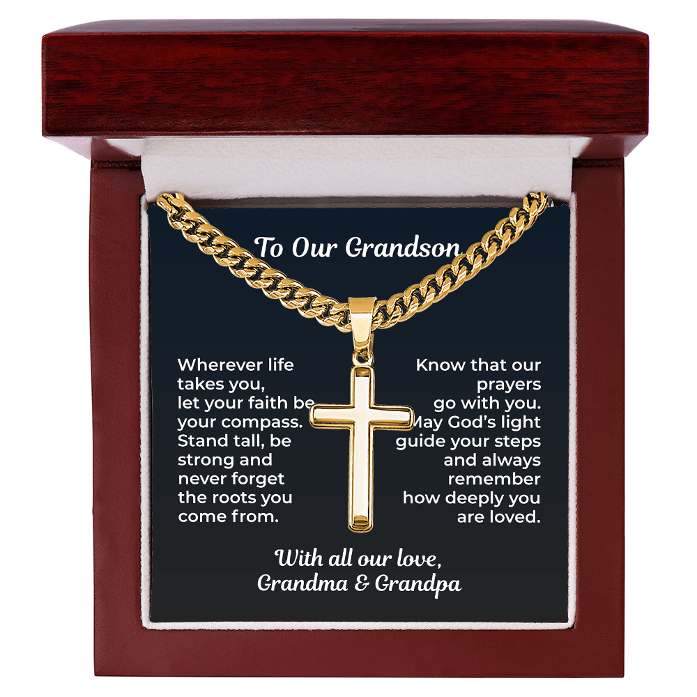 ShineOn Fulfillment Jewelry Luxury Box / 18K Yellow Gold Finish To Our Grandson – Faith & Guidance Cross Necklace - GHR1217