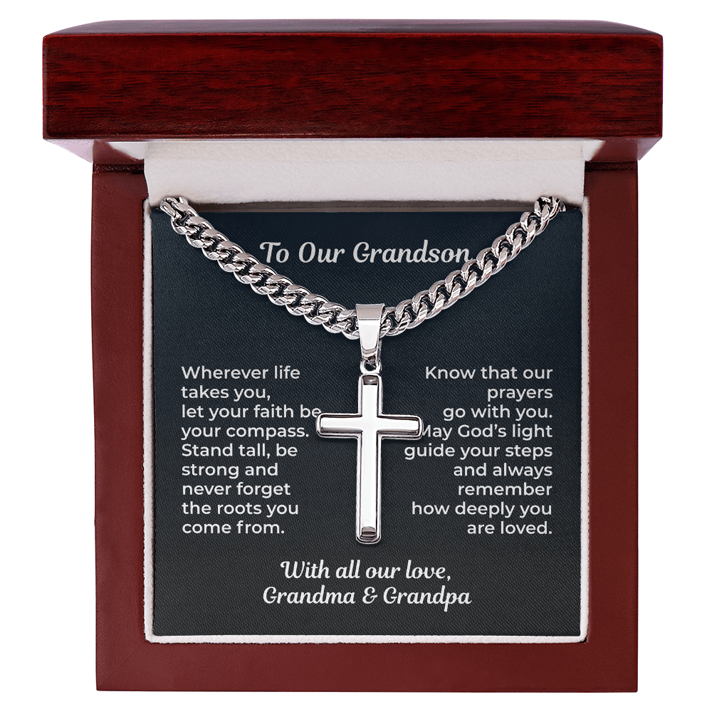 ShineOn Fulfillment Jewelry Luxury Box / Polished Stainless Steel To Our Grandson – Faith & Guidance Cross Necklace - GHR1217