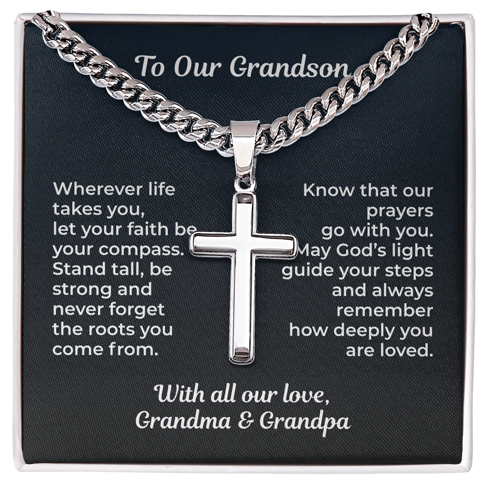 ShineOn Fulfillment Jewelry Standard Box / Polished Stainless Steel To Our Grandson – Faith & Guidance Cross Necklace - GHR1217