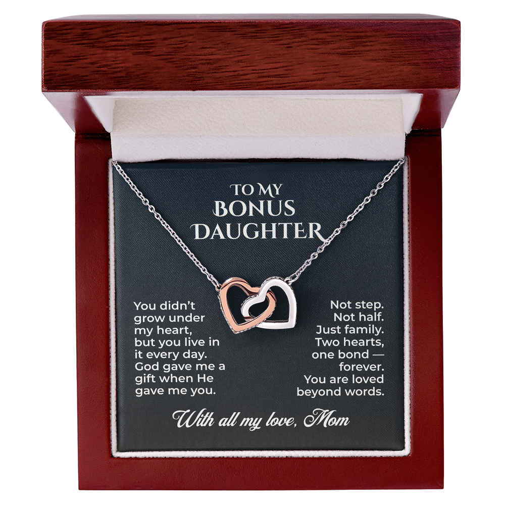 ShineOn Fulfillment Jewelry 14k White Gold Finish / Luxury Box To My Bonus Daughter – Two Hearts, One Bond - GHR1214