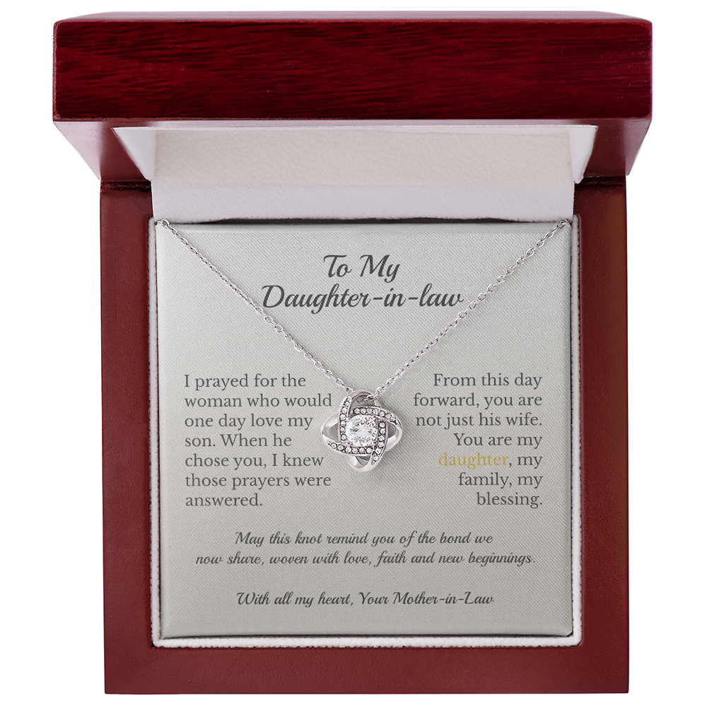 ShineOn Fulfillment Jewelry 14K White Gold Finish / Luxury Box To My Daughter-in-Law – Love Knot Necklace - GHR1205