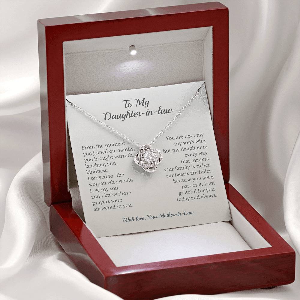 ShineOn Fulfillment Jewelry 14K White Gold Finish / Luxury Box To My Daughter-in-Law – Love Knot Necklace - GHR1207
