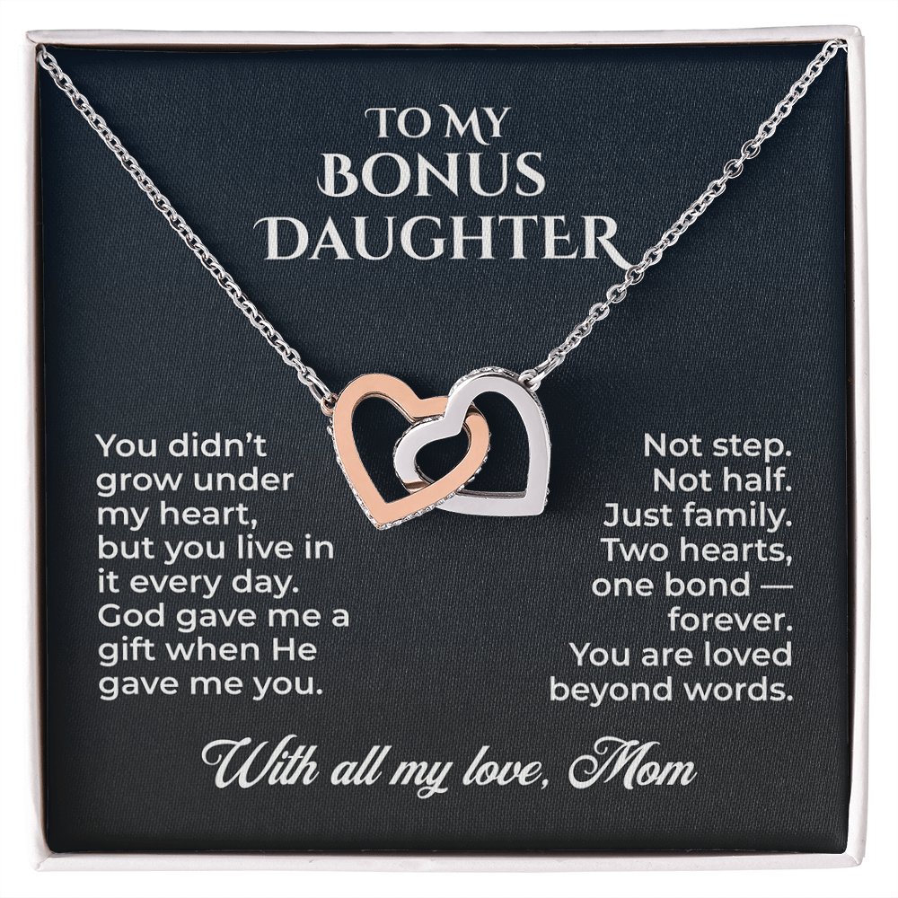 ShineOn Fulfillment Jewelry 14k White Gold Finish / Standard Box To My Bonus Daughter – Two Hearts, One Bond - GHR1214