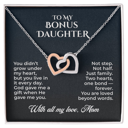 ShineOn Fulfillment Jewelry 14k White Gold Finish / Standard Box To My Bonus Daughter – Two Hearts, One Bond - GHR1214