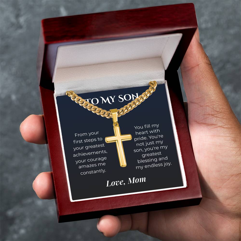 ShineOn Fulfillment Jewelry Luxury Box / 18K Yellow Gold Finish Mom->Son - Artisan Cross Necklace - GHR1240