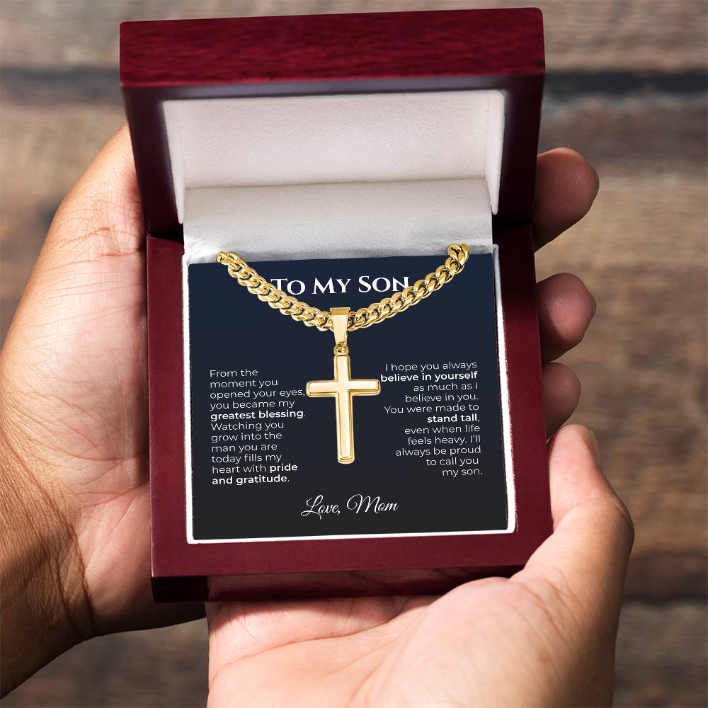 ShineOn Fulfillment Jewelry Luxury Box / 18K Yellow Gold Finish Mom->Son Believe In Yourself Cross Necklace - GHR1233