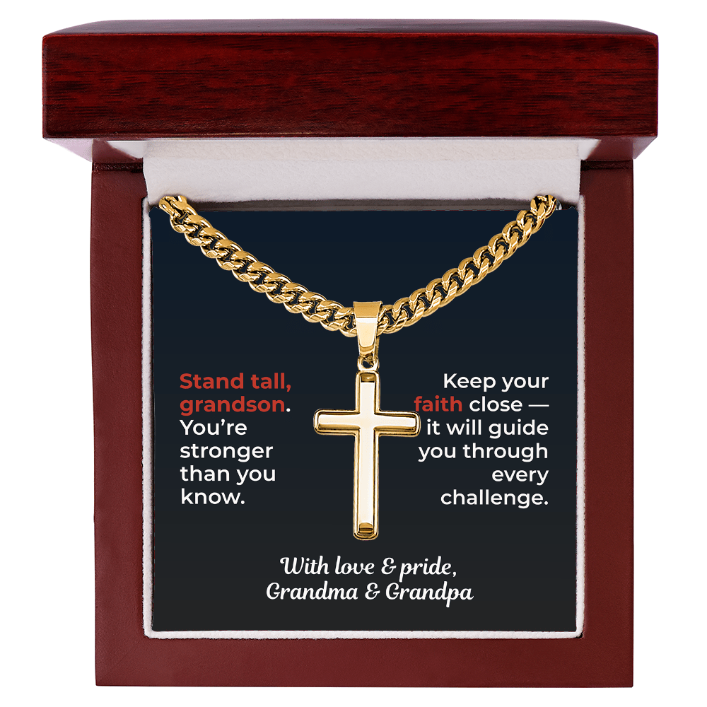 ShineOn Fulfillment Jewelry Luxury Box / 18K Yellow Gold Finish To My Grandson - Artisan Cross/Cuban Link Chain - GHR1204