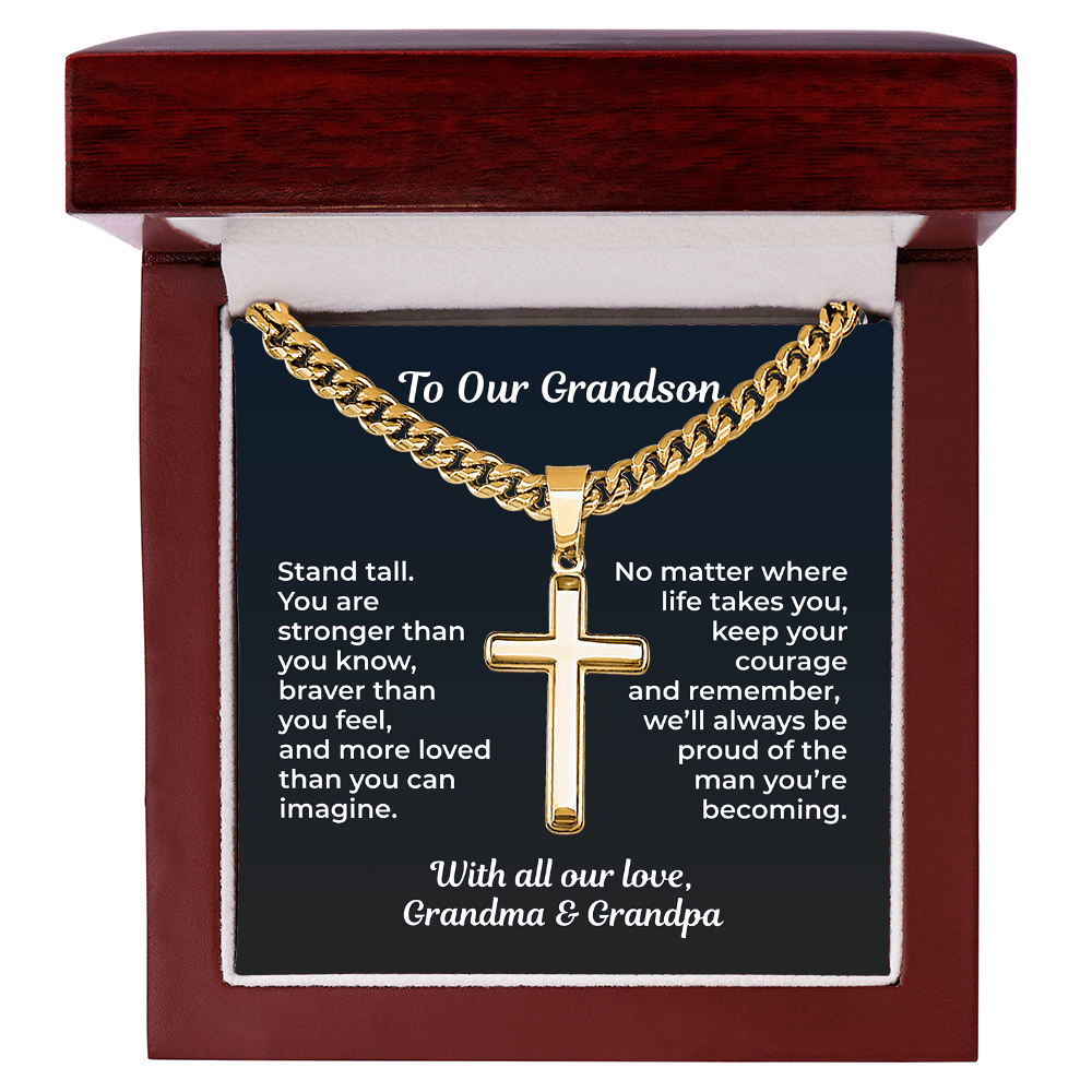 ShineOn Fulfillment Jewelry Luxury Box / 18K Yellow Gold Finish To Our Grandson – Artisan Cross Necklace - GHR1209