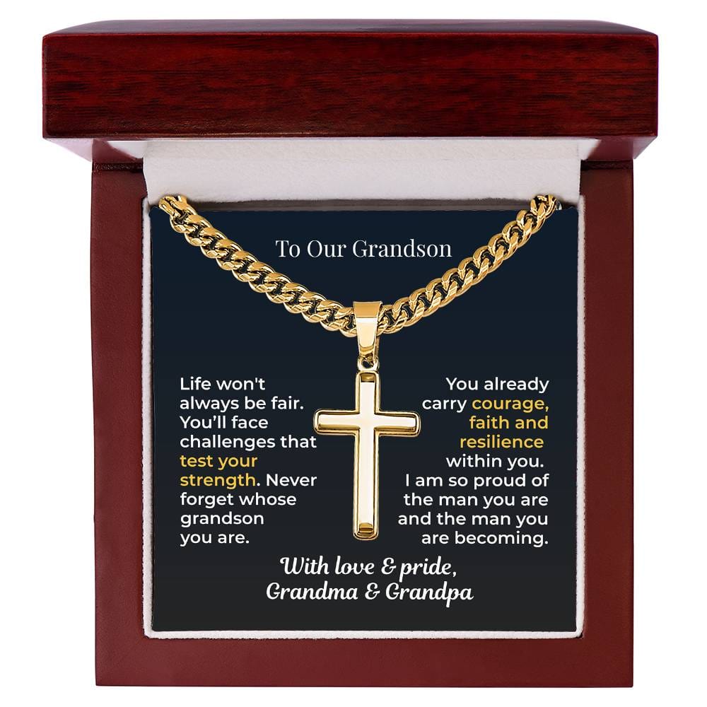 ShineOn Fulfillment Jewelry Luxury Box / 18K Yellow Gold Finish To Our Grandson – Strength, Faith & Pride Artisan Cross Necklace - GHR1206