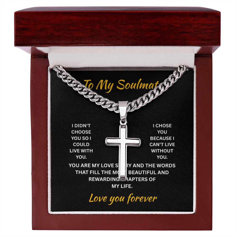 ShineOn Fulfillment Jewelry Luxury Box / Polished Stainless Steel Soulmate - Artisan Cross with Cuban Link Chain - GHR1308