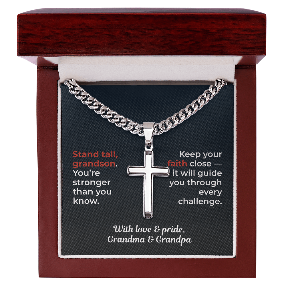 ShineOn Fulfillment Jewelry Luxury Box / Polished Stainless Steel To My Grandson - Artisan Cross/Cuban Link Chain - GHR1204