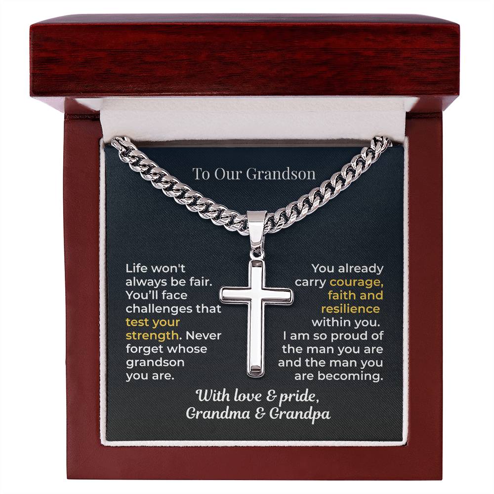 ShineOn Fulfillment Jewelry Luxury Box / Polished Stainless Steel To Our Grandson – Strength, Faith & Pride Artisan Cross Necklace - GHR1206