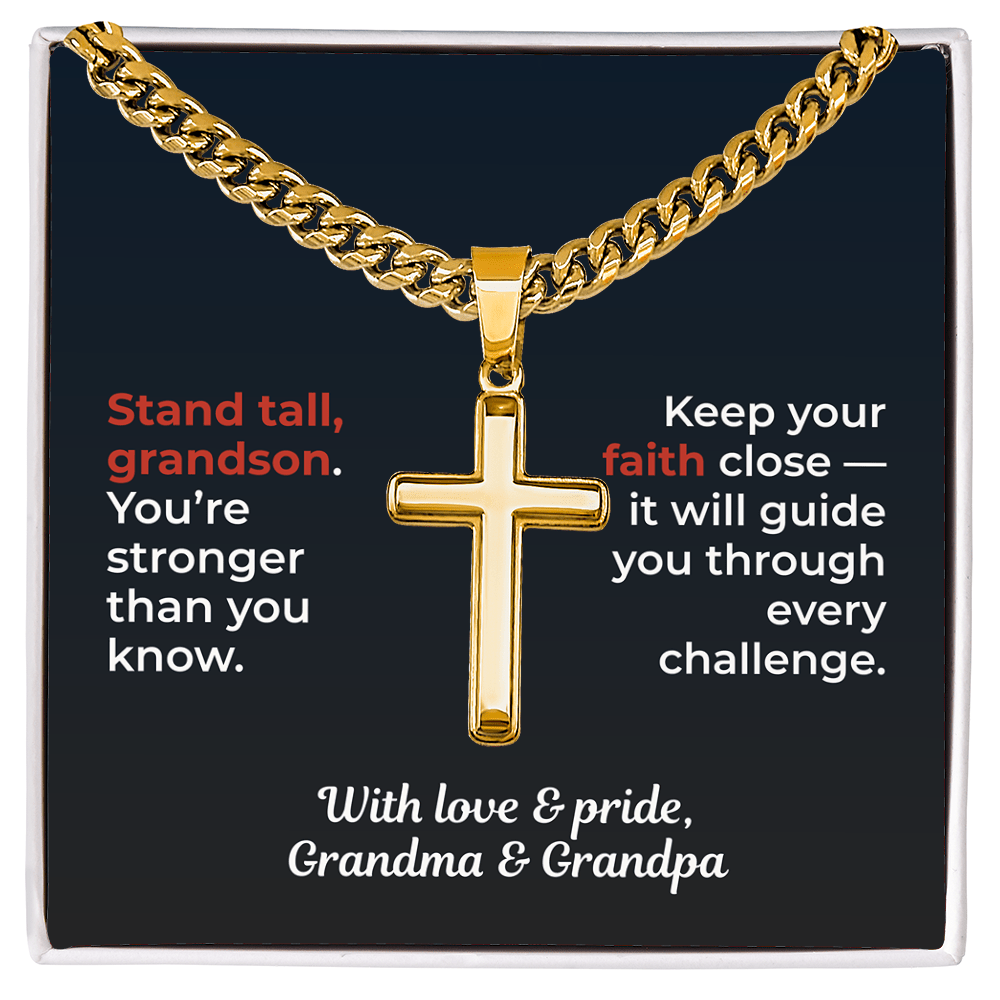 ShineOn Fulfillment Jewelry Standard Box / 18K Yellow Gold Finish To My Grandson - Artisan Cross/Cuban Link Chain - GHR1204