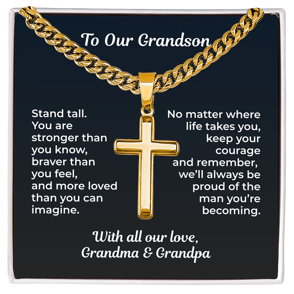 ShineOn Fulfillment Jewelry Standard Box / 18K Yellow Gold Finish To Our Grandson – Artisan Cross Necklace - GHR1209