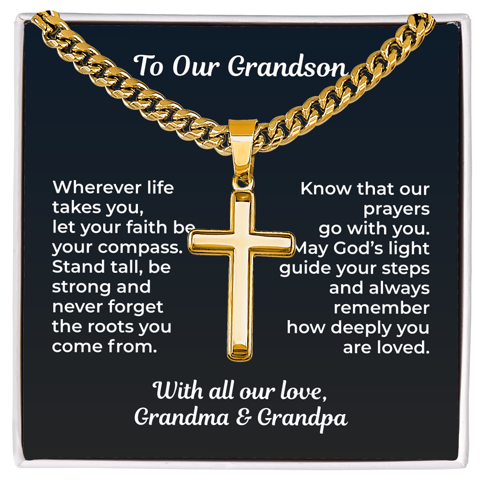 ShineOn Fulfillment Jewelry Standard Box / 18K Yellow Gold Finish To Our Grandson – Faith & Guidance Cross Necklace - GHR1217