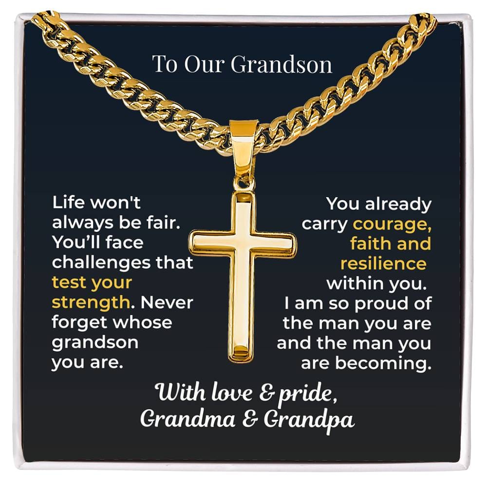 ShineOn Fulfillment Jewelry Standard Box / 18K Yellow Gold Finish To Our Grandson – Strength, Faith & Pride Artisan Cross Necklace - GHR1206