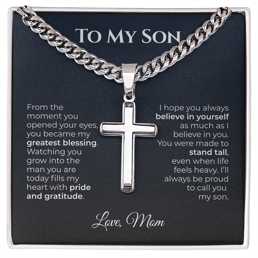 ShineOn Fulfillment Jewelry Standard Box / Polished Stainless Steel Mom->Son Believe In Yourself Cross Necklace - GHR1233