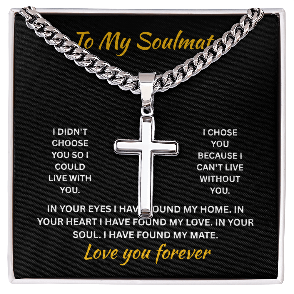 ShineOn Fulfillment Jewelry Standard Box / Polished Stainless Steel Soulmate - Artisan Cross with Cuban Link Chain - GHR1303