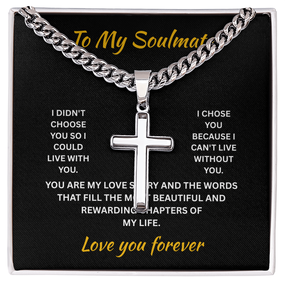 ShineOn Fulfillment Jewelry Standard Box / Polished Stainless Steel Soulmate - Artisan Cross with Cuban Link Chain - GHR1308