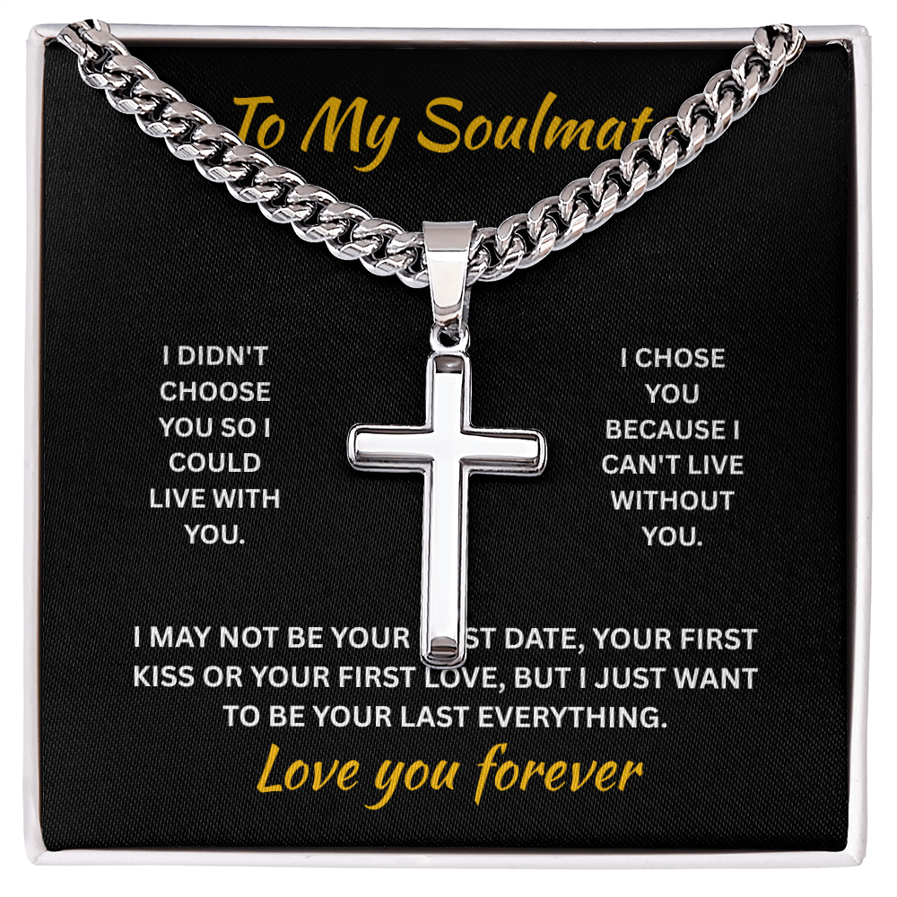 ShineOn Fulfillment Jewelry Standard Box / Polished Stainless Steel Soulmate - Artisan Cross with Cuban Link Chain - GHR1314