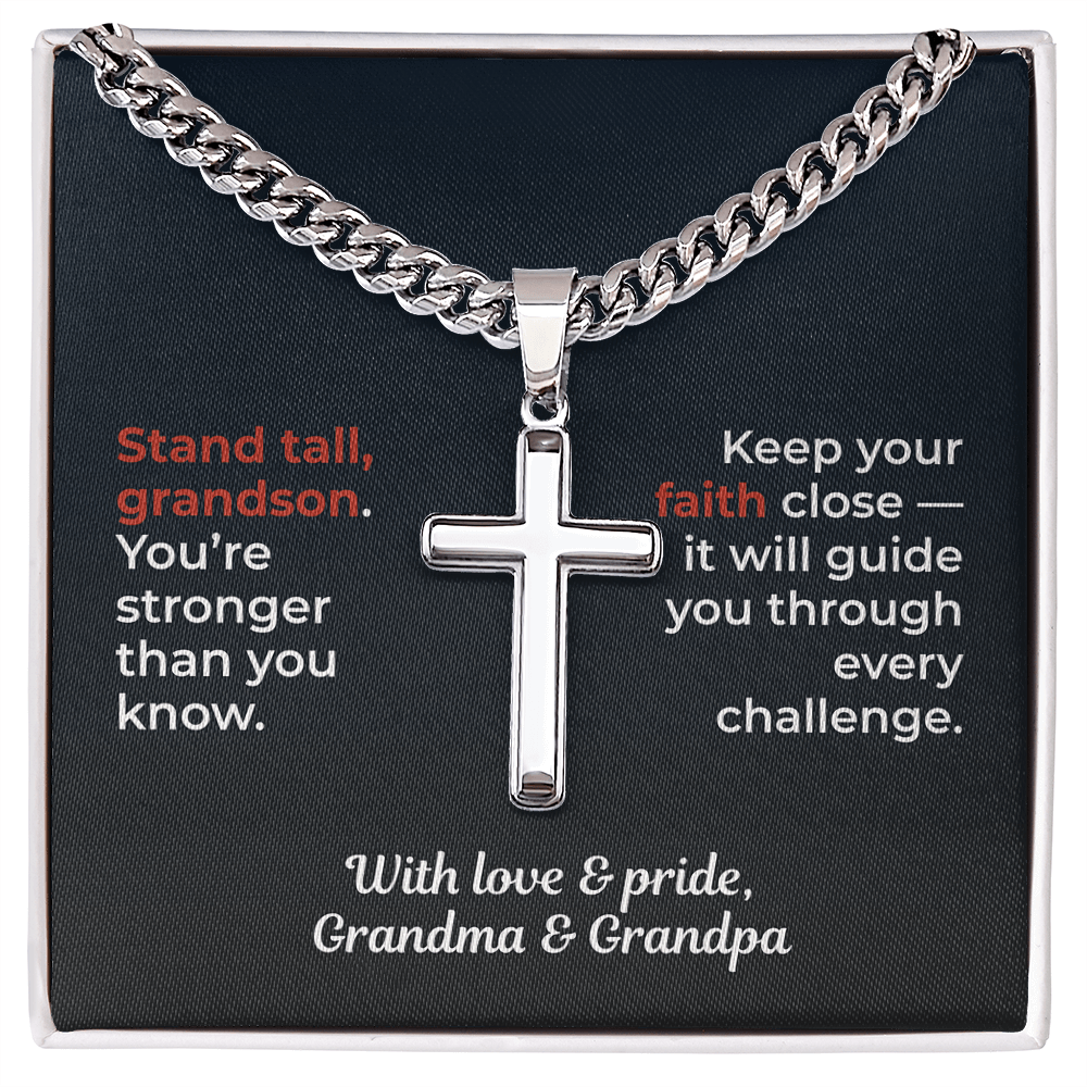ShineOn Fulfillment Jewelry Standard Box / Polished Stainless Steel To My Grandson - Artisan Cross/Cuban Link Chain - GHR1204