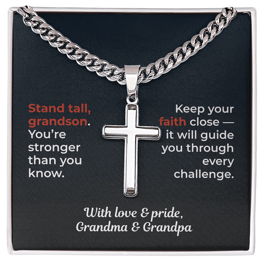 ShineOn Fulfillment Jewelry Standard Box / Polished Stainless Steel To My Grandson - Artisan Cross/Cuban Link Chain - GHR1204