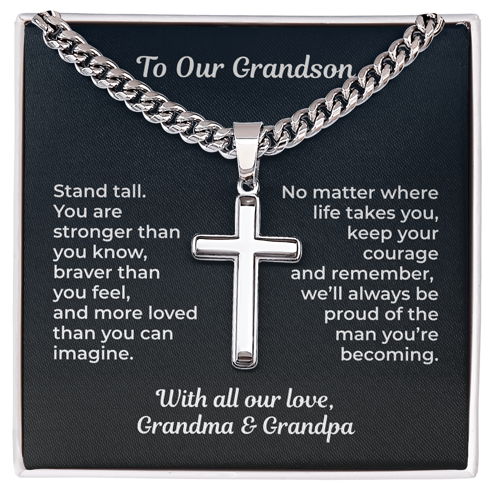 ShineOn Fulfillment Jewelry Standard Box / Polished Stainless Steel To Our Grandson – Artisan Cross Necklace - GHR1209