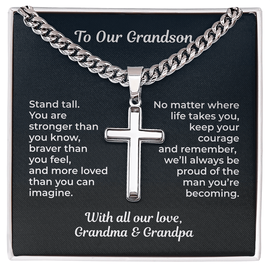 ShineOn Fulfillment Jewelry Standard Box / Polished Stainless Steel To Our Grandson – Artisan Cross Necklace - GHR1209