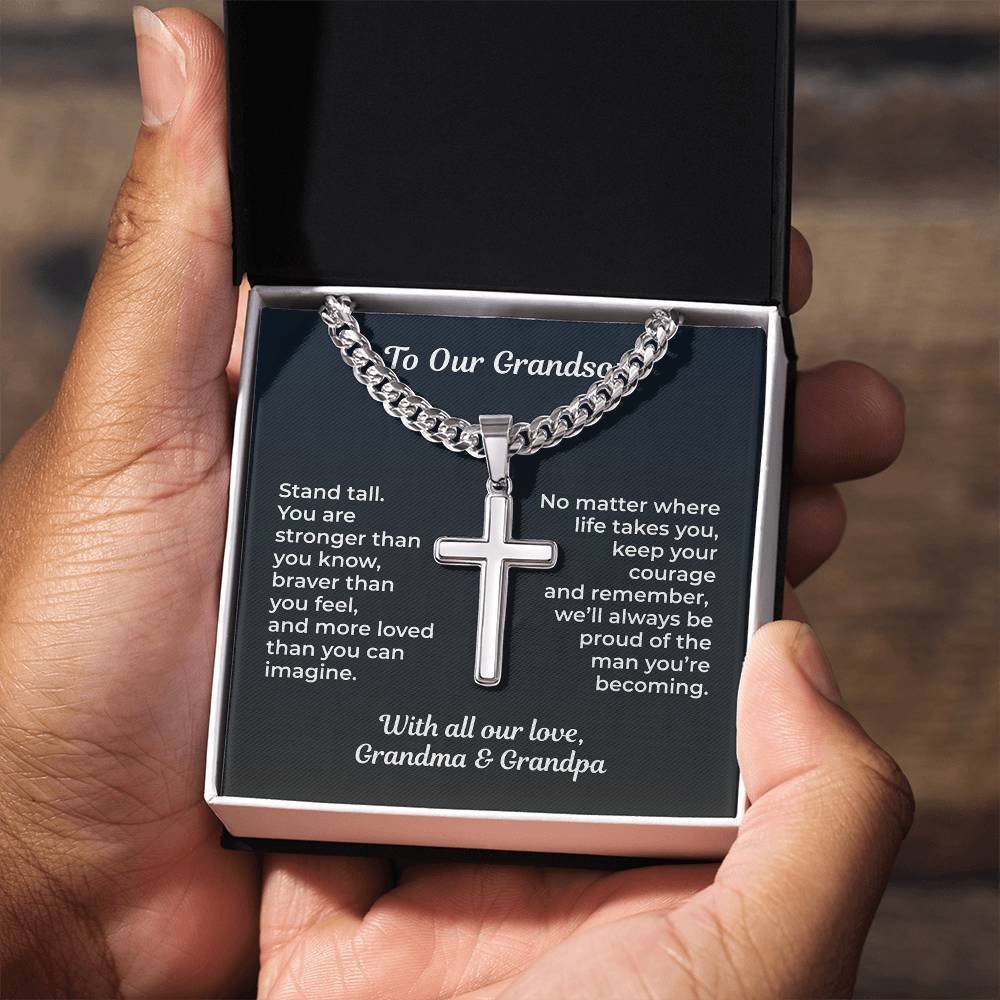 ShineOn Fulfillment Jewelry Standard Box / Polished Stainless Steel To Our Grandson – Artisan Cross Necklace - GHR1209