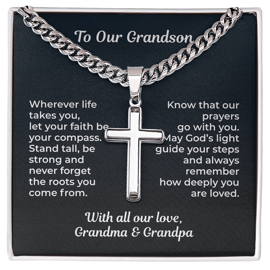 ShineOn Fulfillment Jewelry Standard Box / Polished Stainless Steel To Our Grandson – Faith & Guidance Cross Necklace - GHR1217