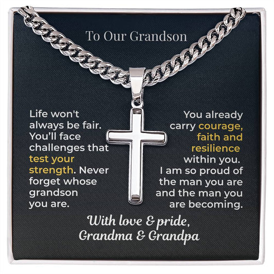 ShineOn Fulfillment Jewelry Standard Box / Polished Stainless Steel To Our Grandson – Strength, Faith & Pride Artisan Cross Necklace - GHR1206