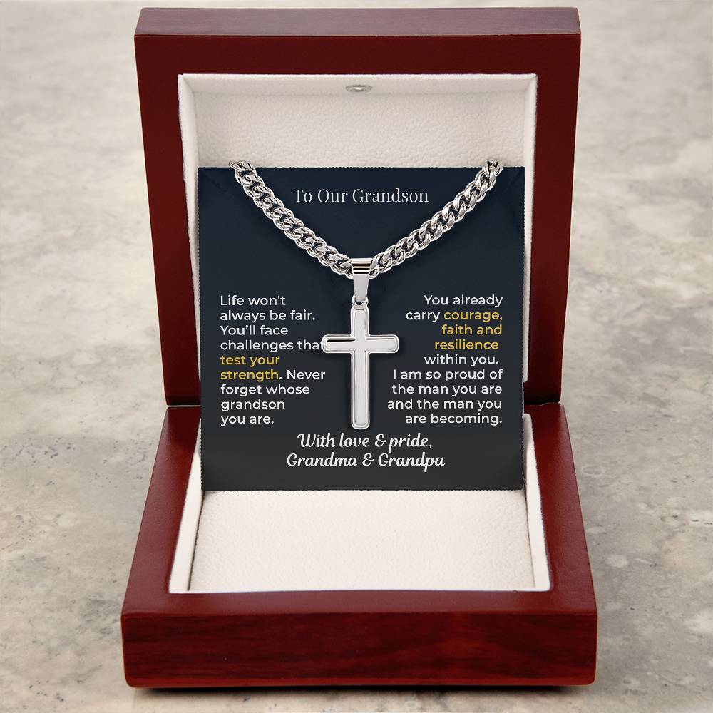 ShineOn Fulfillment Jewelry To Our Grandson – Strength, Faith & Pride Artisan Cross Necklace - GHR1206
